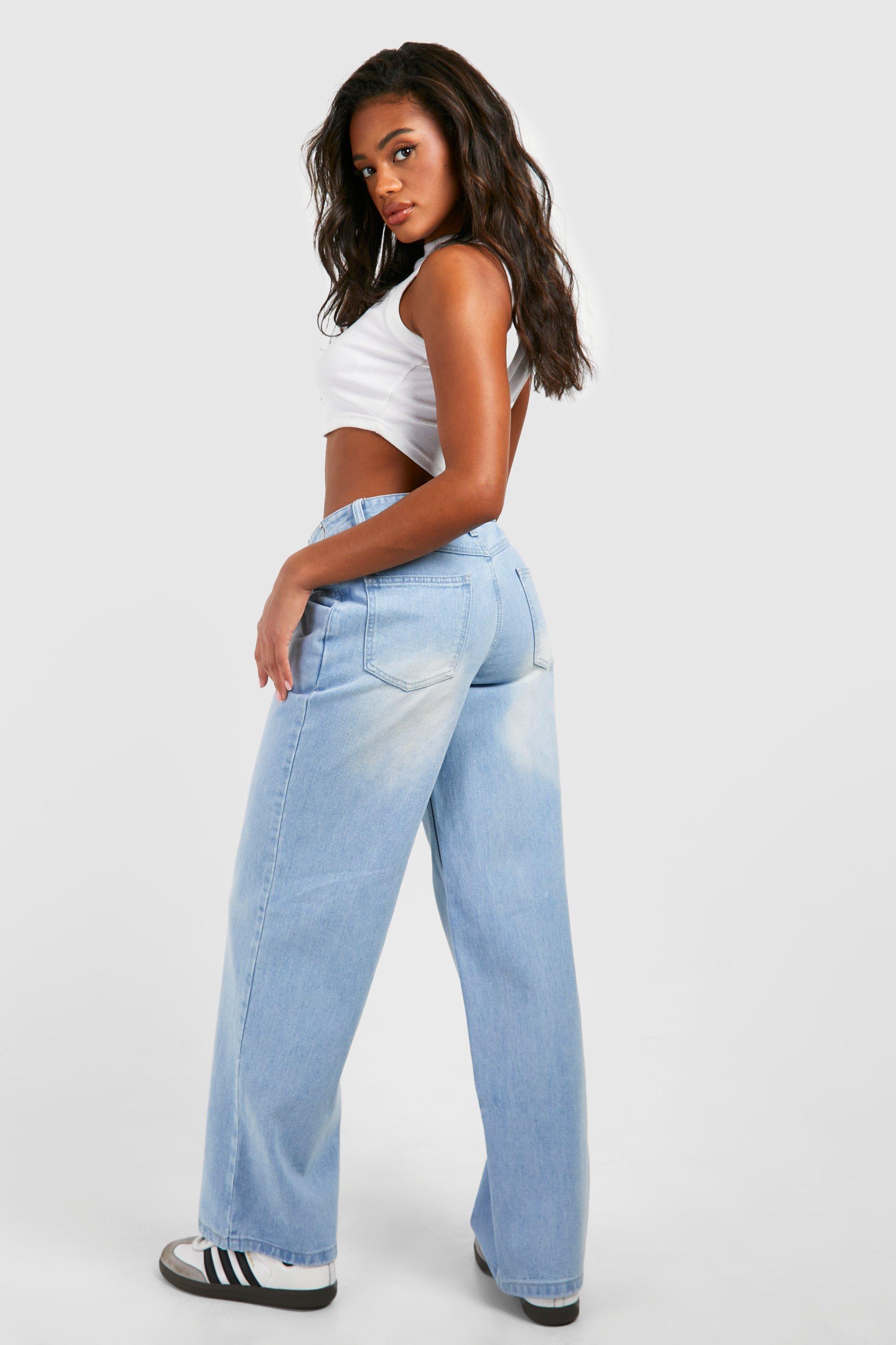 Adjustable Waistband Faded Wide Leg Jeans